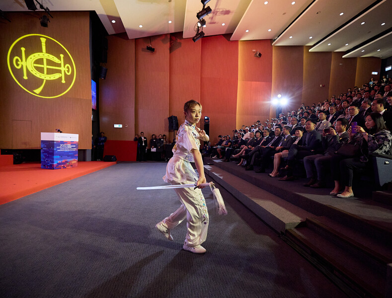 <p>Wushu athletes Lau Chi-lung and Au Yeung Pui-yue demonstrated nangun and jianshu respectively at the ceremony.</p>
